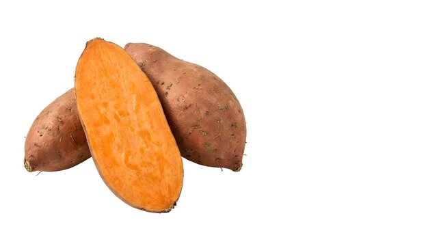 Fresh whole sweet potatoes with one sliced open to show vibrant orange flesh on a white background.