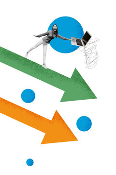 Creative composite sketch design artwork collage of target goal trade success business laptop online internet technology young lady stand