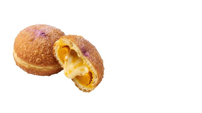 Fried sweet potato donut split open to show melted cheese and golden sweet potato filling with purple sugar dusting.