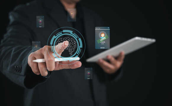 Recruitment automation using artificial intelligence to screen candidate profiles and select qualified applicants, with a professional accessing a digital hiring interface for efficient talent acquisi