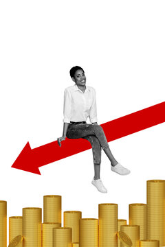 Vertical poster collage young girl sit arrow direction golden coins stack pile recession crisis devaluation economy bankruptcy