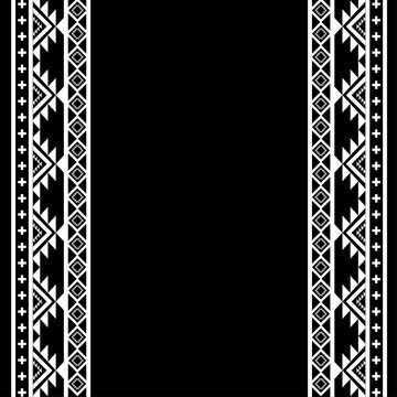 Black and white tribal border frame background with geometric ethnic Aztec pattern design.