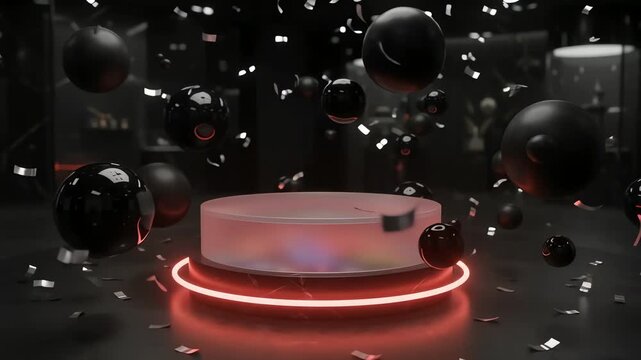 Dynamic futuristic performance stage setup with illuminated platform and dramatic red neon lighting effect for events
