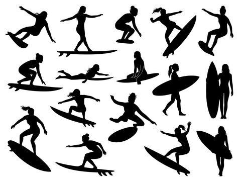 Surfer woman vector silhouettes, female surfing icons set, black active surfer girls with surfboards, summer water sports action graphics