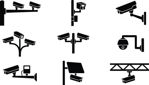 CCTV surveillance camera icons set with wall mounted dome and pole street security system silhouette vector elements