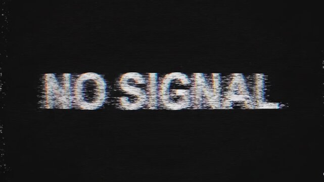 Retro Glitch Effect featuring distorted NO SIGNAL text on a black background with CRT scanlines and digital noise, ideal for horror movie intros and cyberpunk transitions.