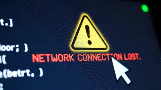 Critical System Error macro shot of a computer screen displaying a network connection lost warning with a yellow alert icon and red text ideal for cybersecurity and IT support.