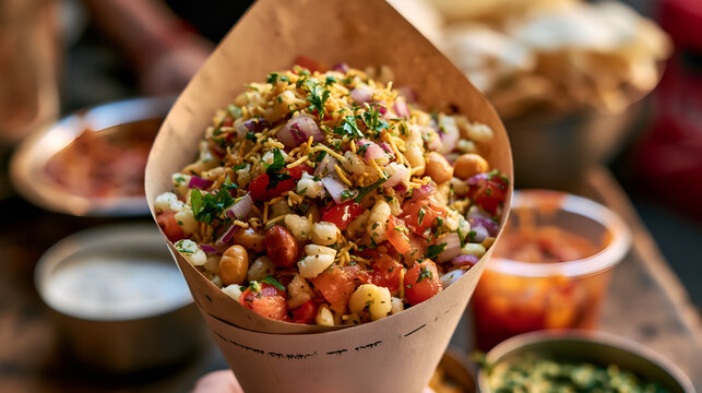 Puffed rice, sev, vegetables, peanuts and chutneys create a colorful Mumbai-style bhel puri composition.