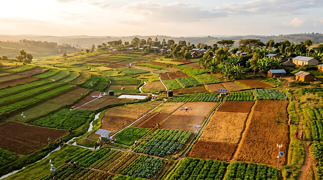 A high-tech drone flying over terraced farmland in a rural African village