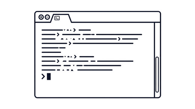 Minimalist web browser window with programming code, line art software development interface, black and white coding terminal icon for web design