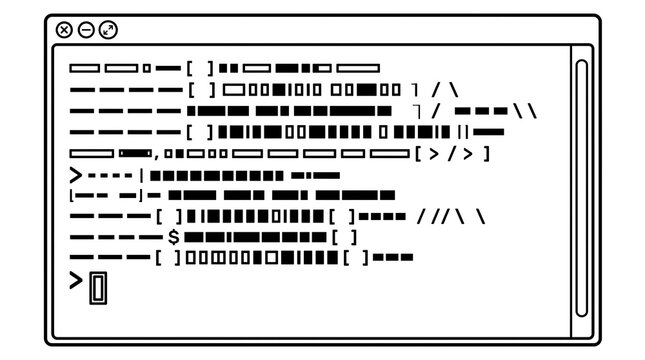 Minimalist terminal window with abstract code, retro computer command line interface, black and white software programming screen