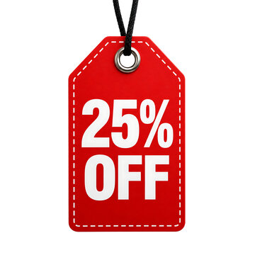 Red retail tag with 25 percent off text during studio lighting for sale concept