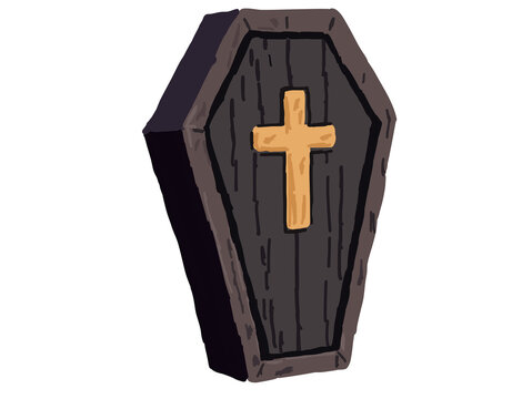 Spooky Halloween Wooden Coffin Vector Illustration with Gold Cross Isolated on White