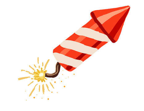 Red and White Striped Fireworks Rocket Vector Illustration with Sparkling Fuse