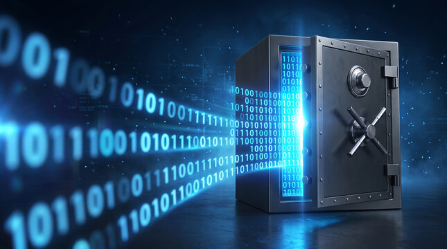 Heavy steel safe door opening with glowing blue binary code streaming out on dark background representing secure data storage cloud backup digital vault and information protection