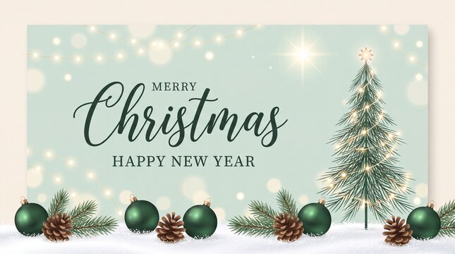 Merry Christmas and Happy New Year - Christmas greeting card - Xmas tree and row of balls and pine cones in snow landscape - Banner, header, ... See More