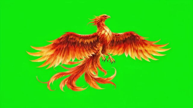 Majestic fiery phoenix bird with wings spread wide and flowing red, orange and golden feathers, mythical firebird flying on bright green screen background for fantasy and rebirth concept