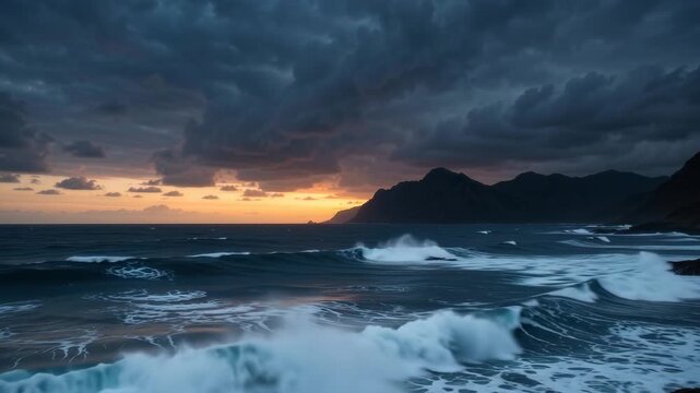 Jagged orange lightning bolt striking near a dark mountain silhouette over a turbulent ocean during a dramatic coastal sunset storm