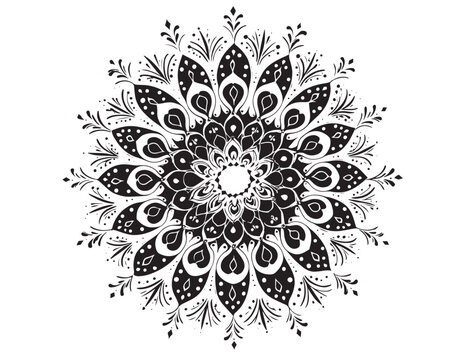Black mandala pattern with intricate floral petals and geometric
