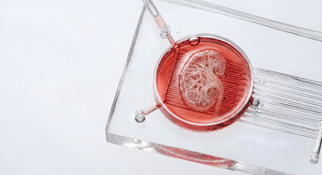 Macro view of a kidney on a chip microfluidic device with an anatomical renal model in red liquid for nephrotoxicity testing, drug discovery, and biomedical research with copy space.