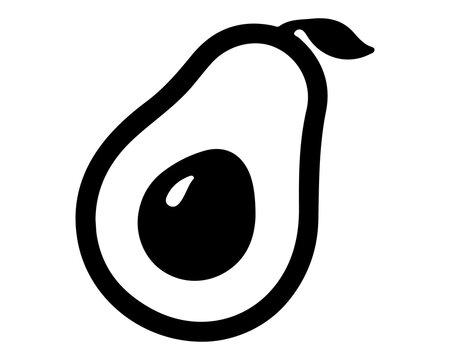 Black silhouette avocado half with seed stem and leaf healthy food outline icon