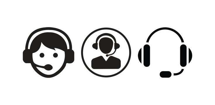 Customer service icon set. Call center agent, headset operator, helpline support symbols. Minimal vector illustration.