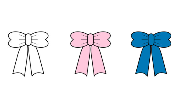 Cute ribbon bowknot set in white pink and blue colors for gift box decorative design vector illustration
