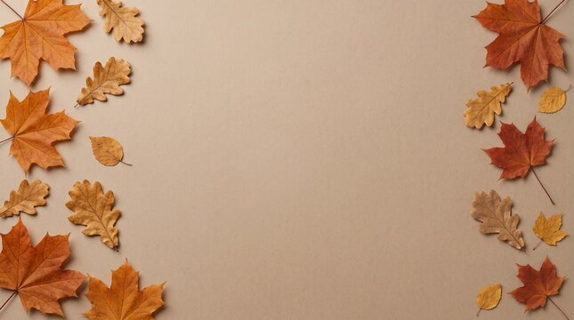 A beautiful and inviting thanksgiving background featuring vibrant autumn leaves arranged artfully on a neutral beige canvas perfect for digital invitations social media posts or