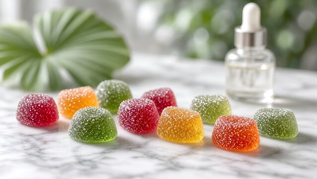 Assorted Colorful Sugared Jelly Candies and Dropper Bottle on White Marble Surface