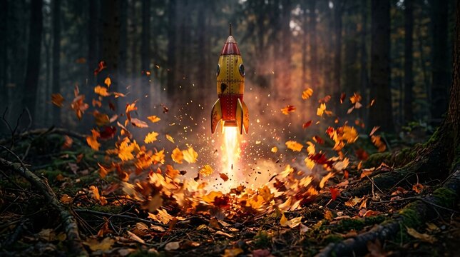 Retro-futuristic yellow and red toy rocket launching upward from a leaf strewn forest floor in a swirling burst of golden autumn leaves