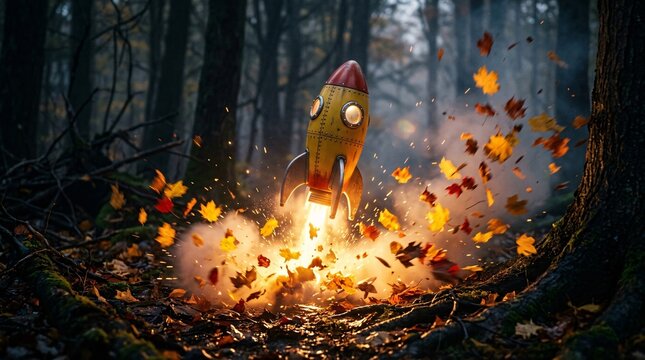 Retro-futuristic yellow and red toy rocket launching upward from a leaf strewn forest floor in a swirling burst of golden autumn leaves