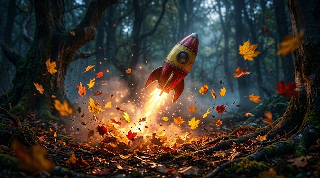 Retro-futuristic yellow and red toy rocket launching upward from a leaf strewn forest floor in a swirling burst of golden autumn leaves