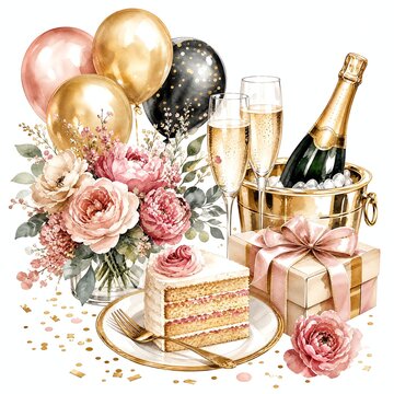 Birthday Cake Slice on Gold Rimmed Plate with Fork and Confetti