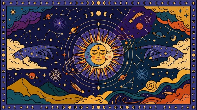 Mystical astrology celestial art featuring sun and moon faces with cosmic hands reaching through stars and planets
