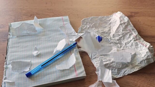 Close-up of torn paper pieces, a checkered notebook with a blue pen, and a crumpled sheet on a wooden table. Creative mess, top view.
