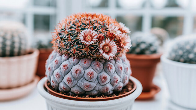Small potted cactus plant with pink flowers indoors, a close-up of a blooming in a white