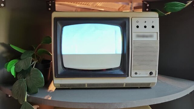 Retro beige CRT television on a shelf with a potted plant. Old TV with a glowing screen, vintage electronics, cozy interior setting.