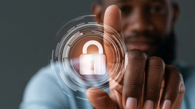 Man interacting with digital padlock security icon on glowing interface