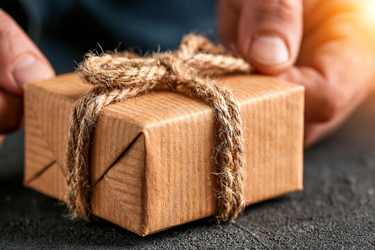 Hands holding small rustic gift box wrapped in brown paper with jute string