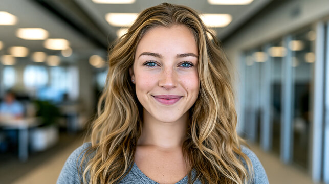 Young woman with long blonde hair smiling in modern open plan office looking at camera cheerful
