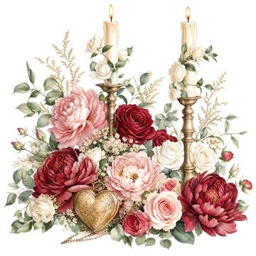Lit Brass Candles with White Rose Garland Watercolor Painting