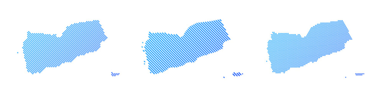 Yemen - Collection of stylized country silhouettes in three graphic patterns: dotted, diagonal striped and halftone. Clean blue vector designs isolated on white.