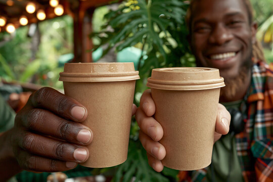 Happy man holding two paper coffee cups while relaxing in a lush tropical garden