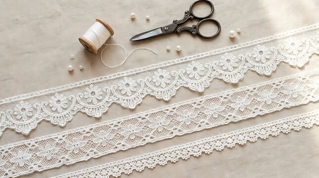 White lace trim fabric ribbons with vintage sewing scissors and thread spool for crafts and fashion design projects