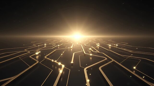 Abstract Gold Network Pathways Leading to Bright Light - Elegant gold network pathways extend across a dark, reflective surface, converging towards a brilliant, luminous light source on the horizon.