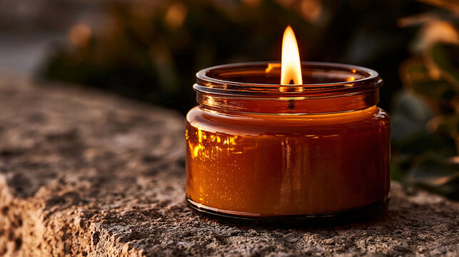 Glowing scented candle in a brown glass jar burning on a stone surface with container