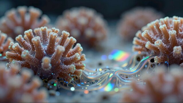 close group coral reefs coral reefs orange color smooth texture center long flowing wave like structure appears small intricate details wave white has rainbow like pattern background blurred seems