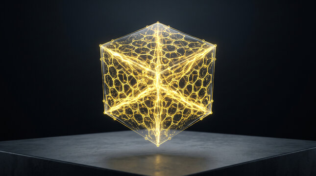 A glowing hexagonal prism with internal network connections rests upon a dark gray surface abstract algorithmic architecture circuitry complex contemporary
