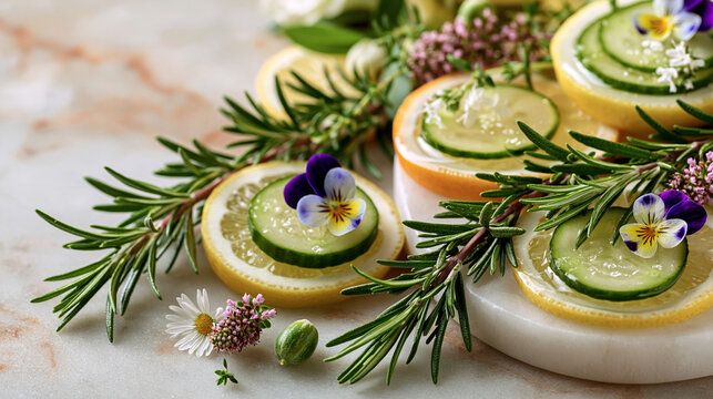 Gourmet appetizer bites featuring lemon and cucumber with rosemary garnish, hors d oeuvre
