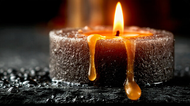 Black textured candle with golden wax dripping down the side on dark surface